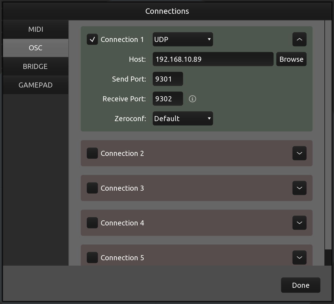 TouchOSC connection settings