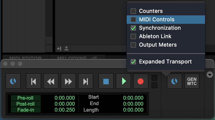 Transport Window in Pro Tools